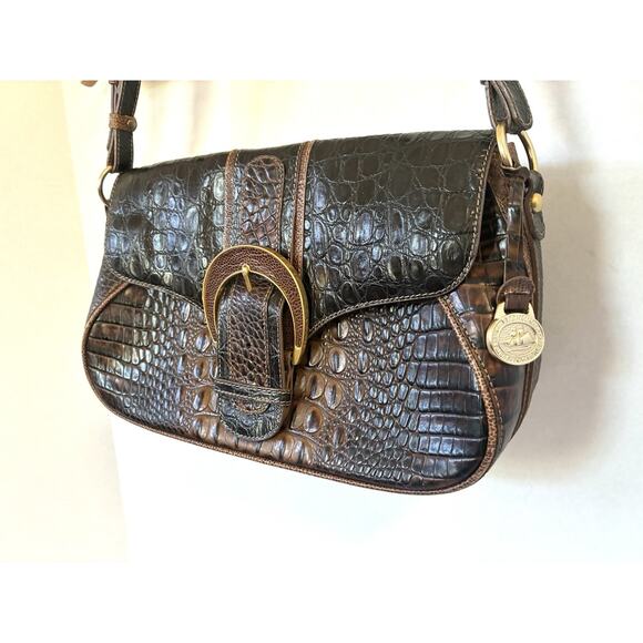 Brahmin Croc-Embossed Leather Large Buckle Flap Shoulder Bag Brown - Picture 3 of 16